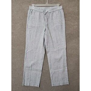 Talbots Linen Blend Pants Women 10 Blue White Stripe Pull On Drawstring Straight